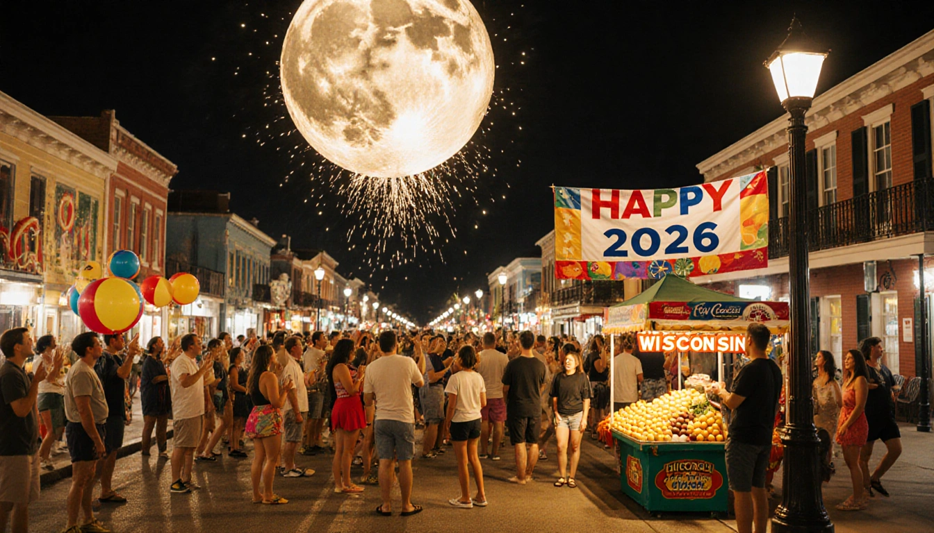 Crowd cheering with giant moonpie hanging above and banner Happy 2026 in front