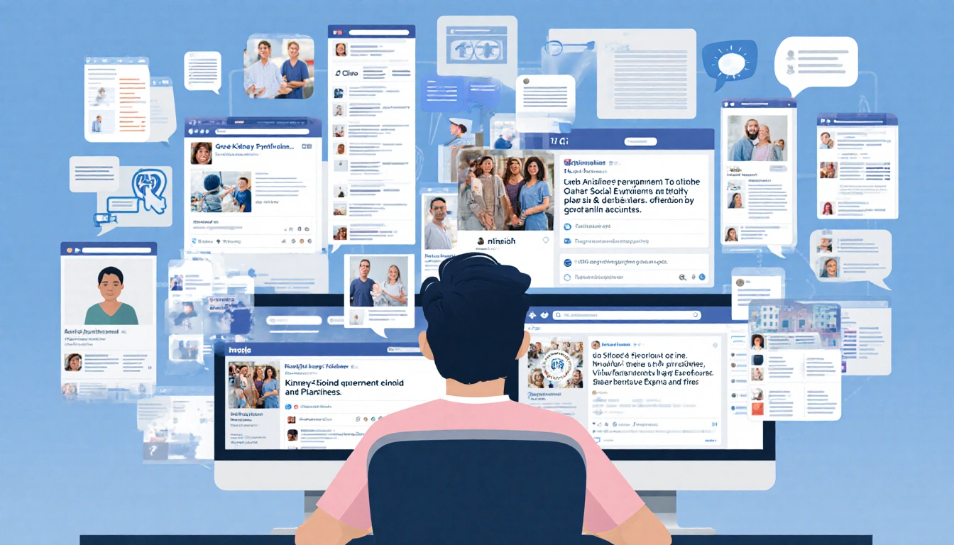 Person sits at desk reviewing kidney transplant posts on social media screens with scrolling news feeds and hospital signage.