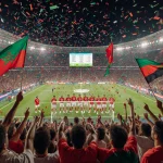Moroccan players celebrate victory on the field with cheering crowd and confetti at King Abdullah Sports City in Rabat