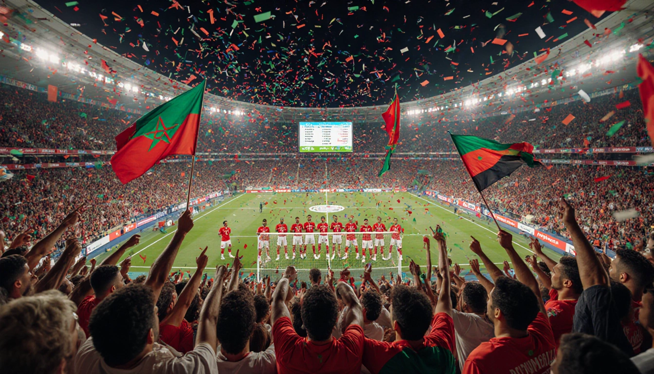 Moroccan players celebrate victory on the field with cheering crowd and confetti at King Abdullah Sports City in Rabat