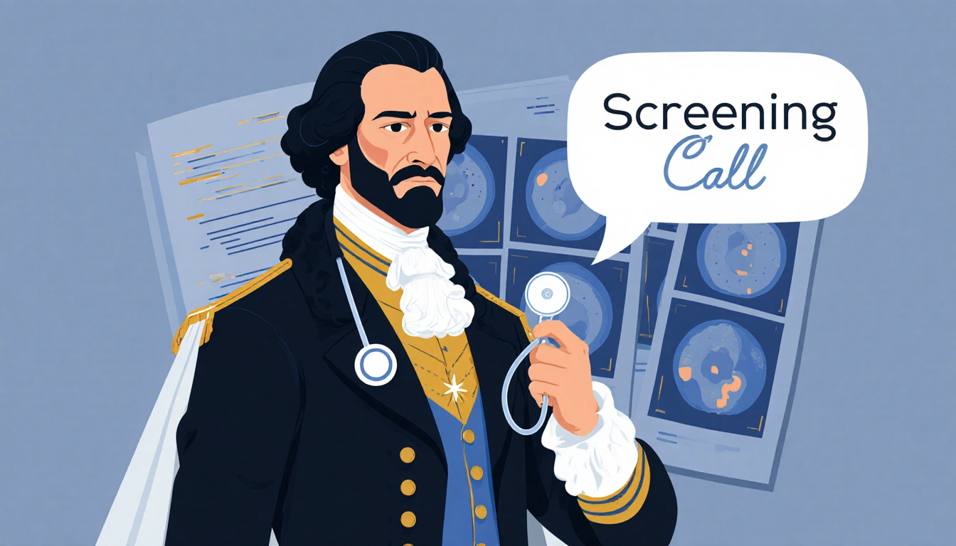 King Charles III holding a stethoscope with a subtle prostate cancer chart and a royal screening call bubble