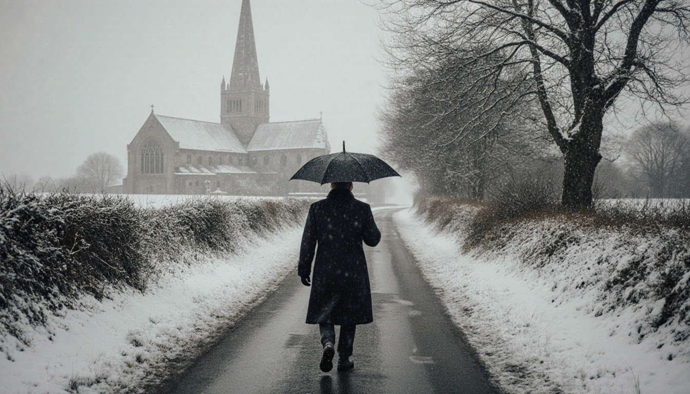 King Charles III walking along snowy road with a winter coat and umbrella leading toward St. Mary Magdalene church bare trees