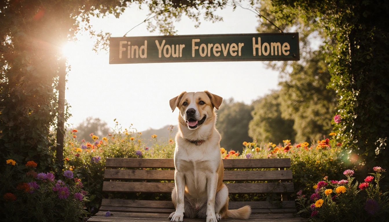 Neutered adoptable dog Kingston sits on wooden bench with lush greenery and shelter sign above.