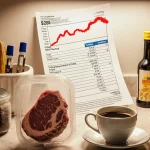 Cluttered kitchen counter displays coffee and beef with a rising utility bill and a lower priced gas pump.