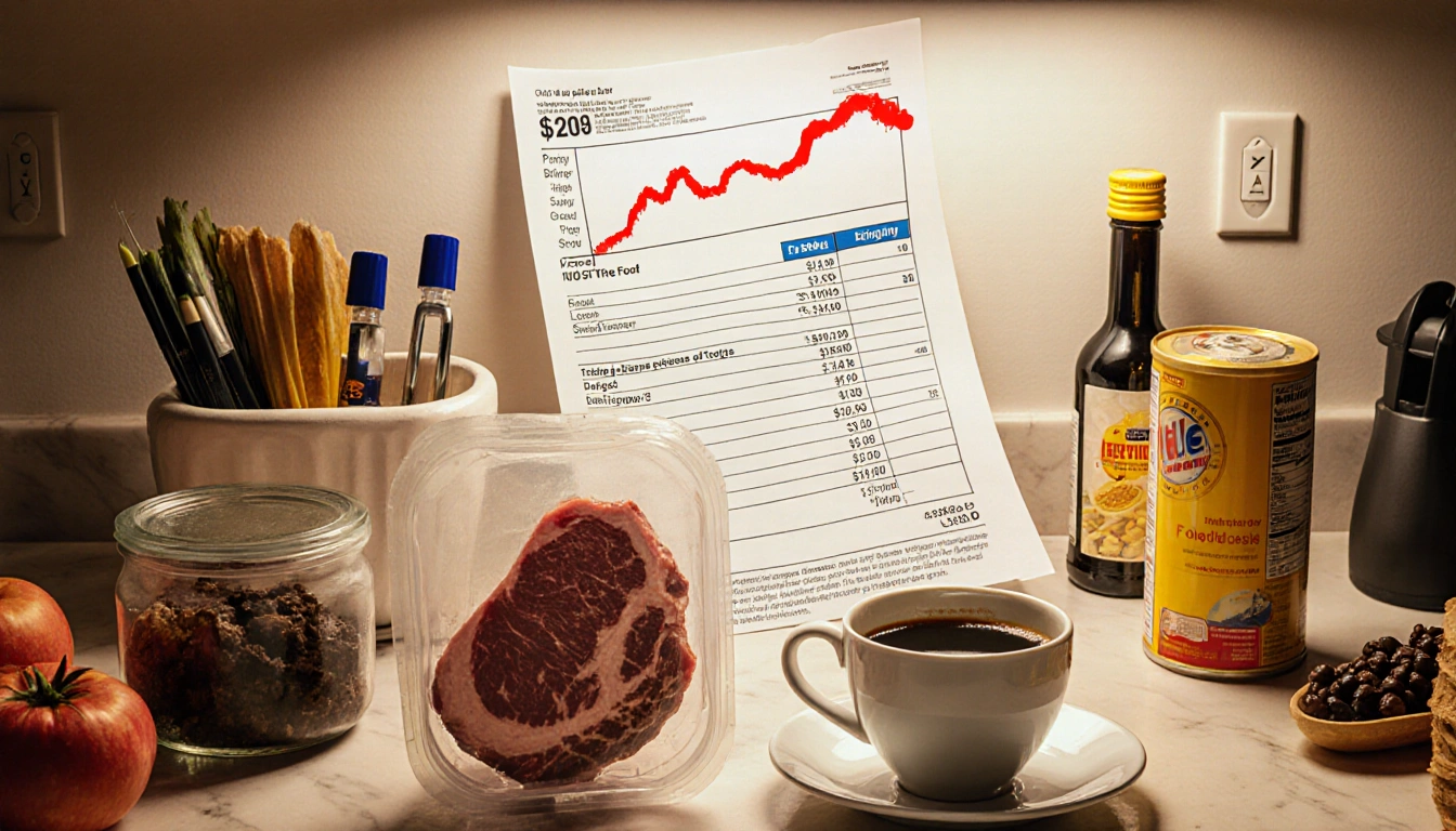 Cluttered kitchen counter displays coffee and beef with a rising utility bill and a lower priced gas pump.
