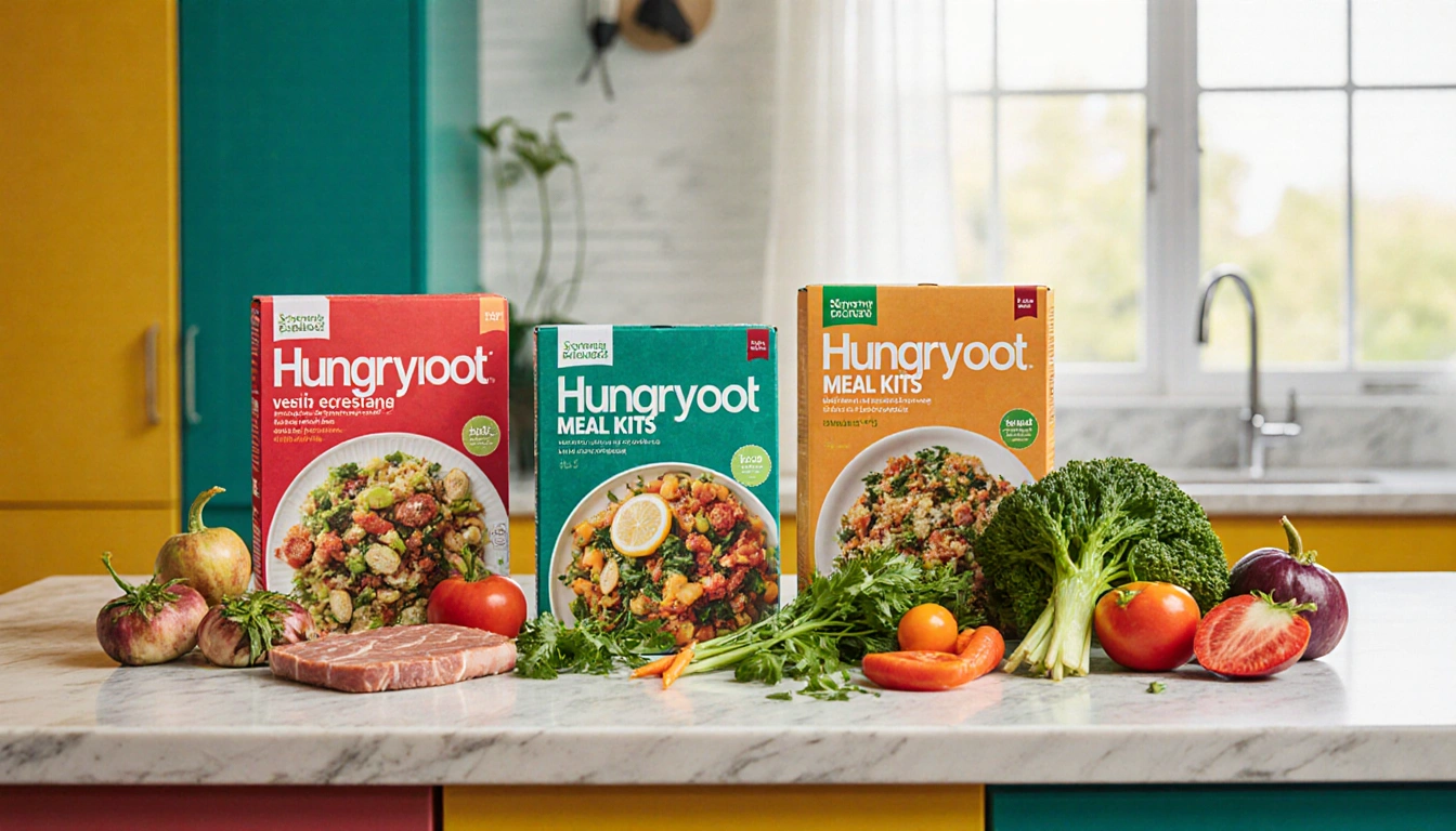 Kitchen island showing Hungryroot meal kits with fresh vegetables and natural light