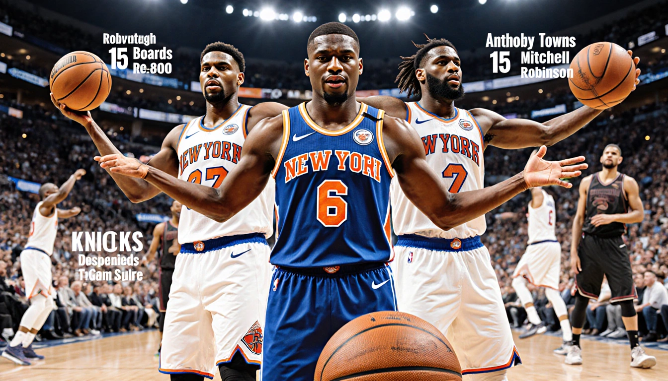 Brunson Anunoby and Towns stand together on the Knicks court with outstretched arms amid basketballs and rebounding stats