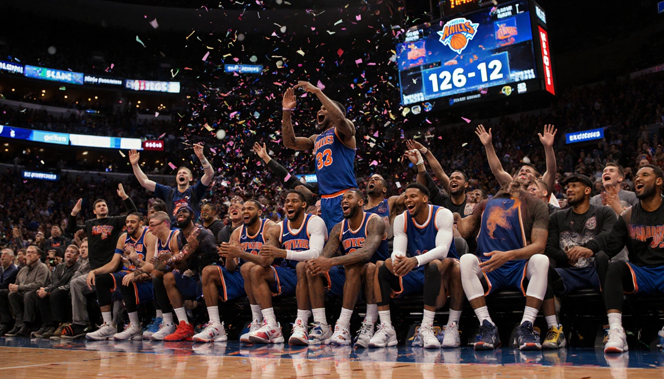 Knicks bench celebrating with Brunson and reserves high‑fiving as confetti rains and crowd cheers in Madison Square Garden
