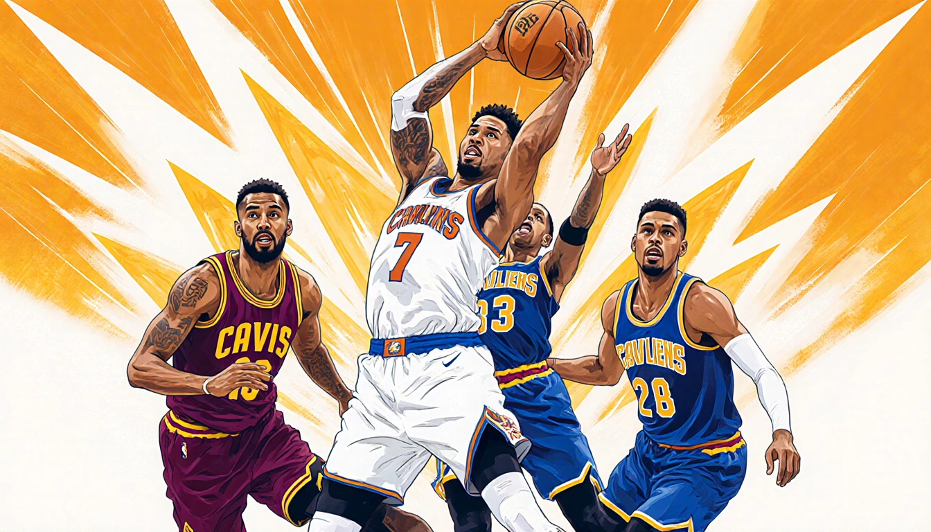 Jalen Brunson releasing a three-point shot with 1:05 left on the clock and Jordan Clarkson and Donovan Mitchell watching