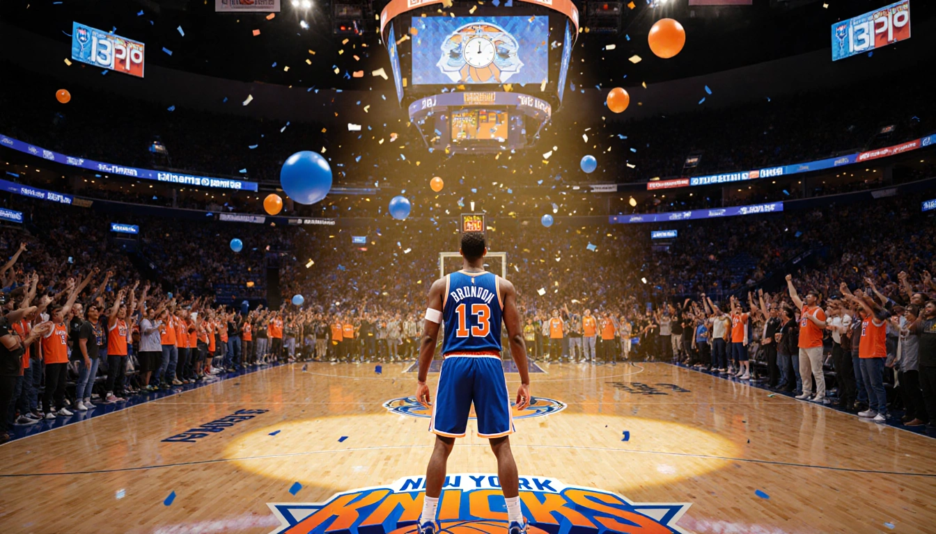 Jalen Brunson stands at center court with Knicks logo on the floor and confetti swirling around him