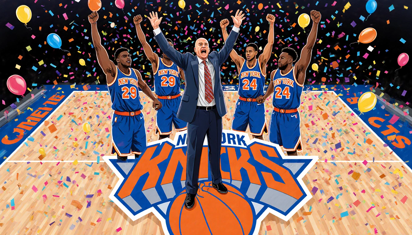 Knicks players huddle around coach with arms raised in triumph and confetti filling the air with Knicks logo on the court.