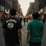 Two Hispanic men walking away from camera with black shirt and green shirt on dimly lit urban East Sixth Street.