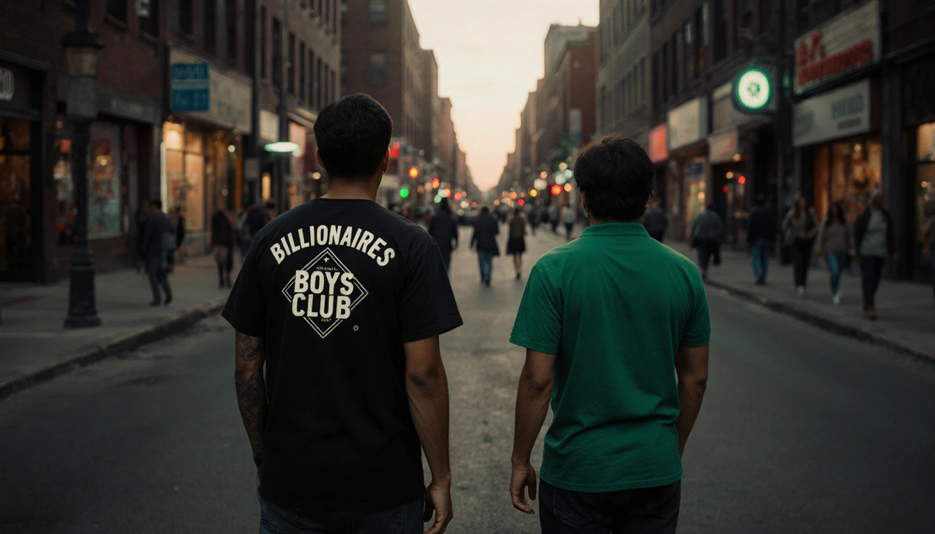 Two Hispanic men walking away from camera with black shirt and green shirt on dimly lit urban East Sixth Street.