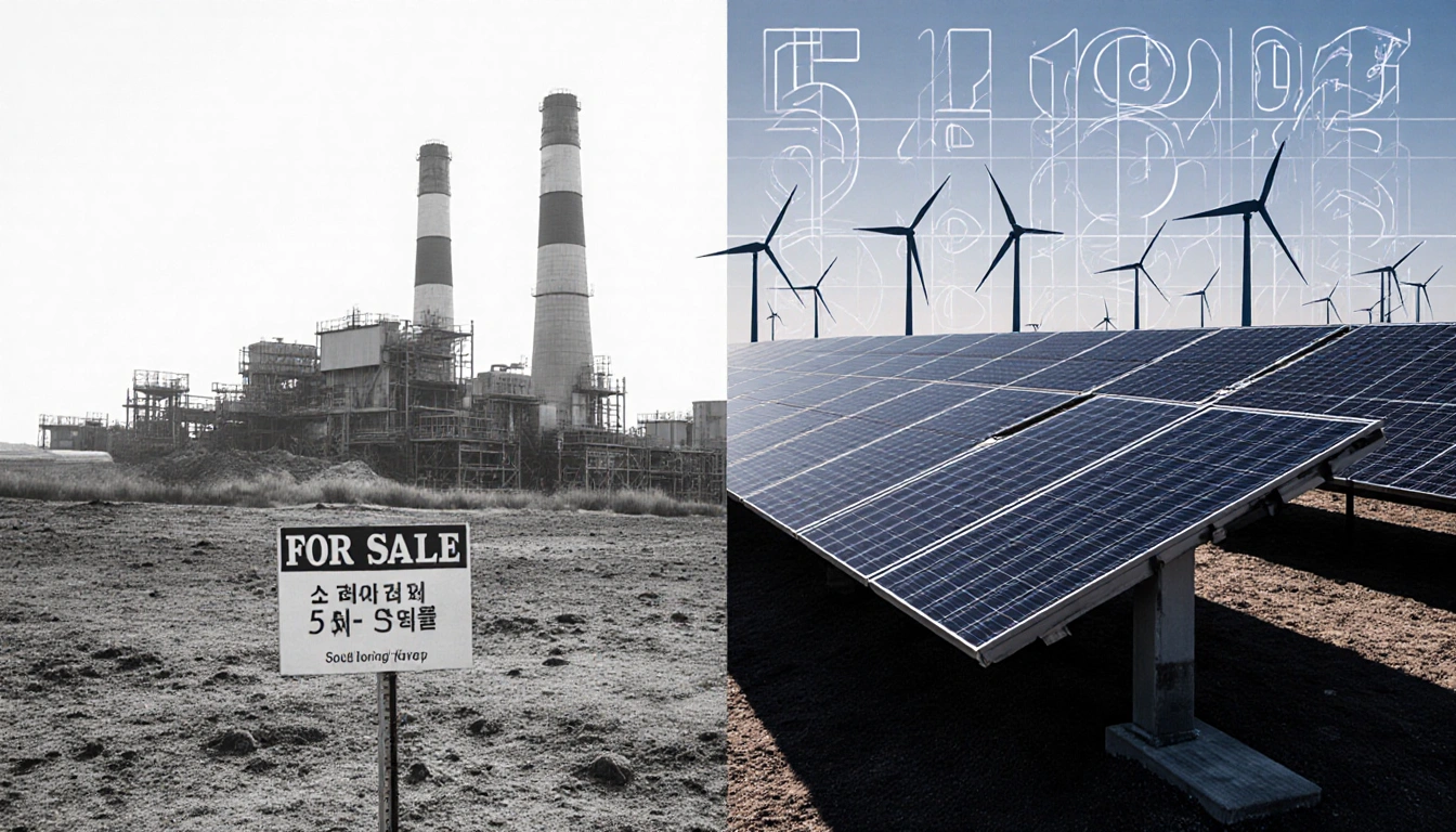Retired coal site standing with 'for sale' sign and barren land with sleek solar farm in background showing emissions grid.