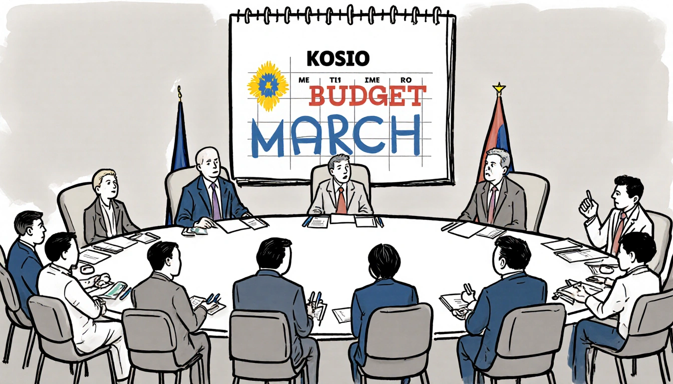Kosovo lawmakers discuss budget with empty seats and March calendar showing presidential election