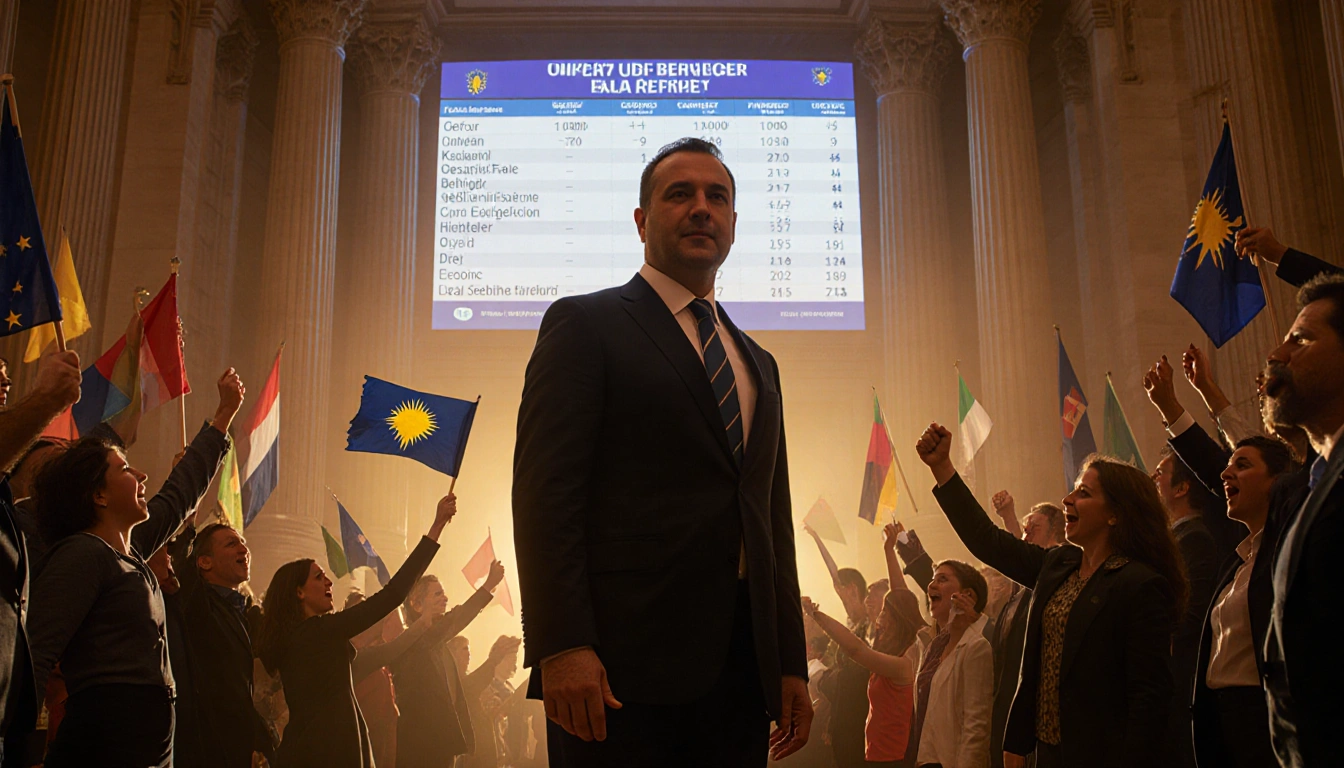 Prime Minister Kurti stands confidently with election results screen and cheering supporters waving flags in golden-lit Kosov