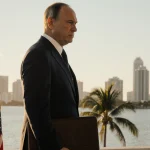 Kremlin envoy standing with briefcase and American flag near feet against Miami skyline and palm trees