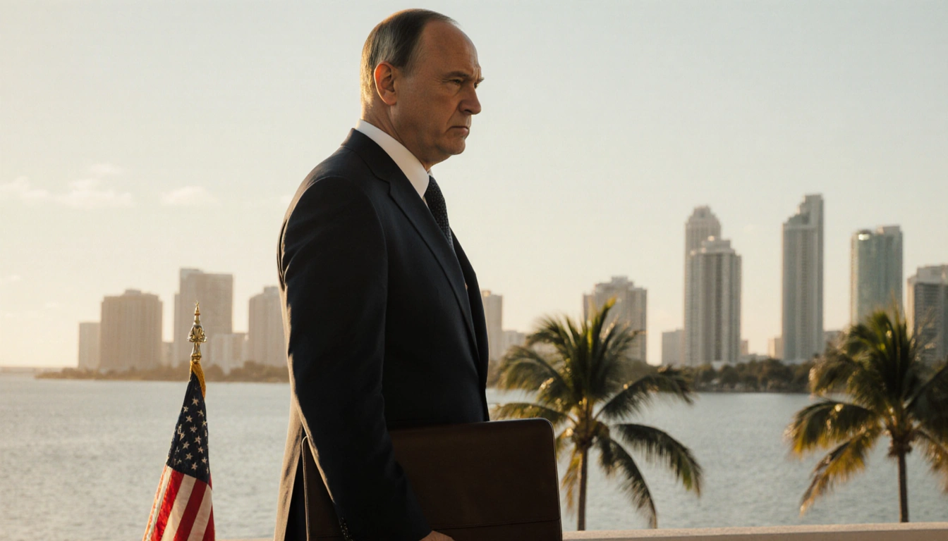 Kremlin envoy standing with briefcase and American flag near feet against Miami skyline and palm trees