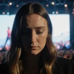 Kristin Cabot looks down with remorse and regret with blurred Coldplay concert crowd behind her.