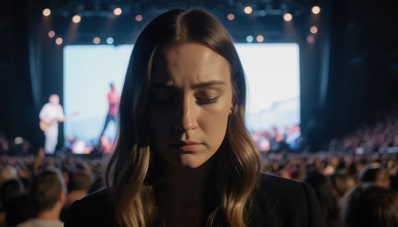 Kristin Cabot looks down with remorse and regret with blurred Coldplay concert crowd behind her.
