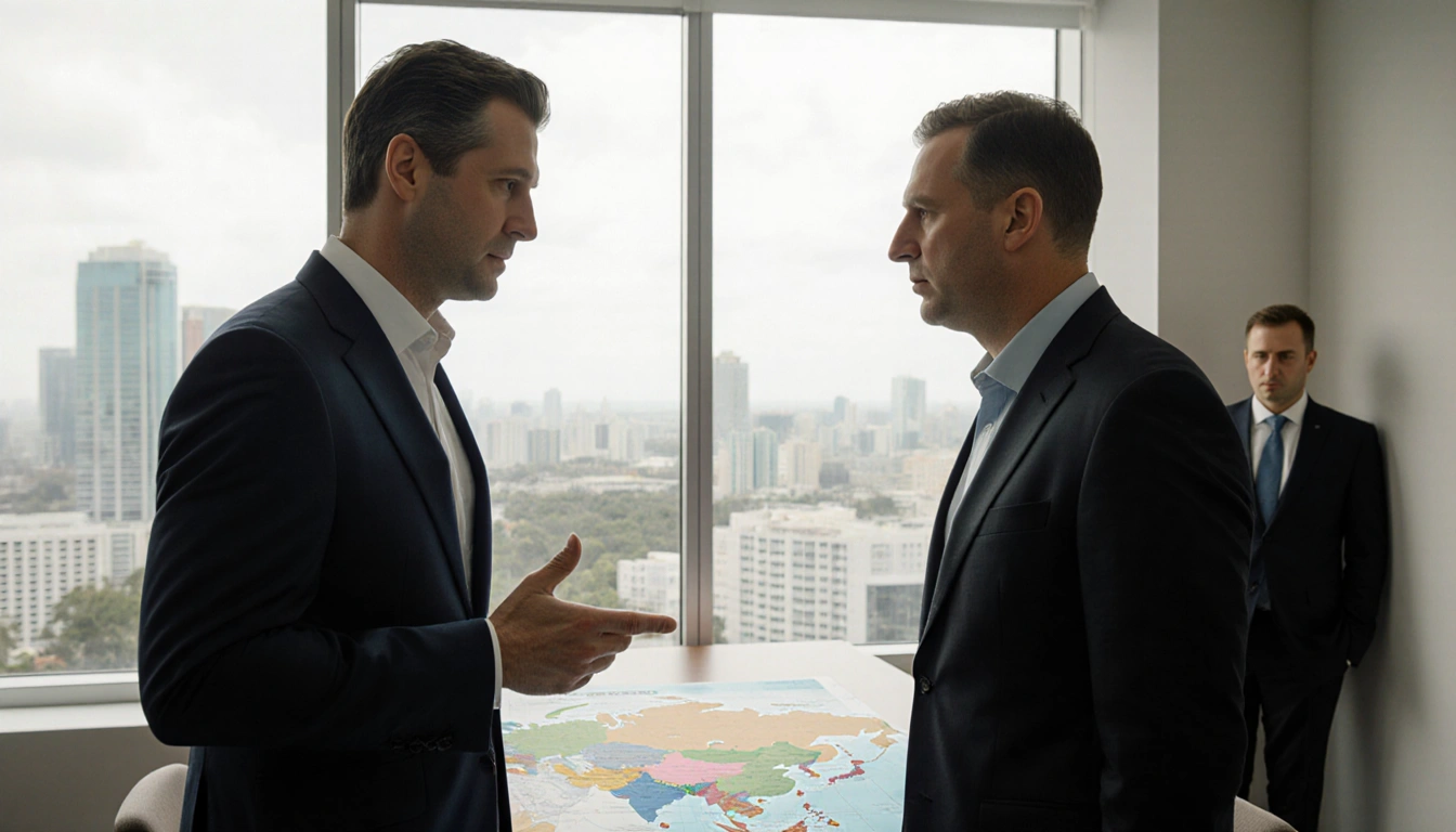 Jared Kushner and Steven Witkoff engage in tense diplomacy with a Ukraine map and Miami skyline behind.