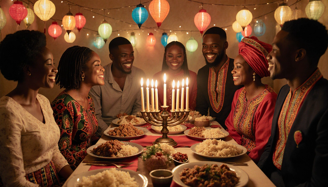 Group of diverse people celebrating Kwanzaa around a table of jollof rice and fufu with lanterns and a kinara centerpiece