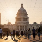 People walking toward the Texas State Capitol dome with sunset light and Austin skyline in background.
