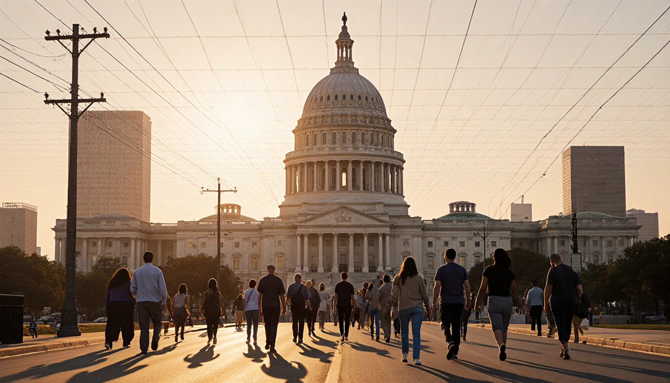 People walking toward the Texas State Capitol dome with sunset light and Austin skyline in background.