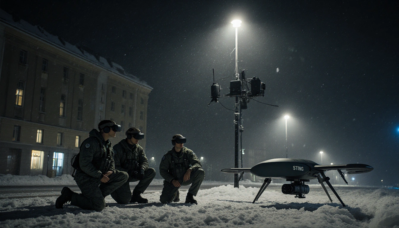 Ukrainian drone hunters monitor sensors with a light stand and a Sting interceptor on Kyiv streets at night