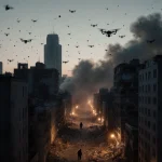 Aerial view of Kyiv showing smoke and drones with orange streetlights and a lone medical worker rushing to a damaged building