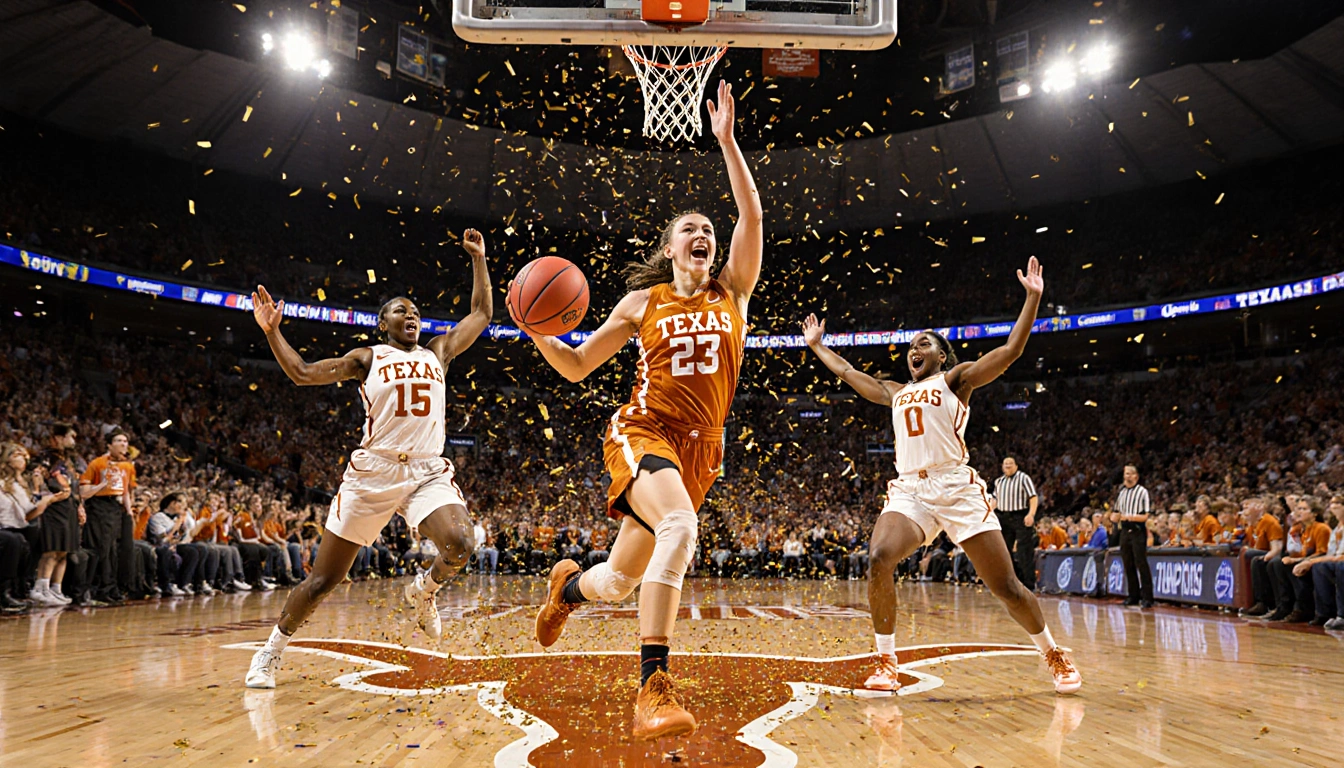 Kyla Oldacre dribbling toward the hoop with confetti swirling and teammates cheering in a packed Texas stadium.