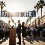 Robert Rizo and Yvonne Flores‑Cale addressing voters with a podium and banner in downtown Kyle street