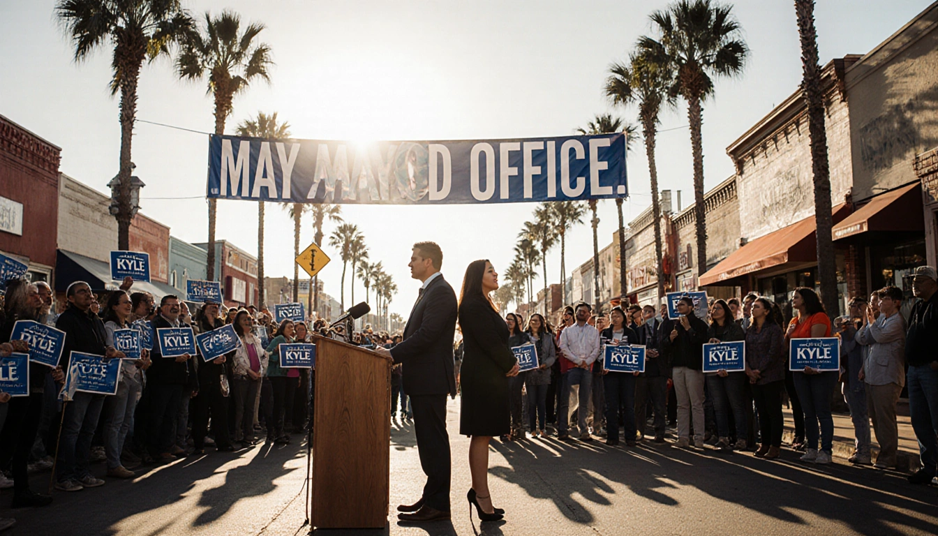 Robert Rizo and Yvonne Flores‑Cale addressing voters with a podium and banner in downtown Kyle street