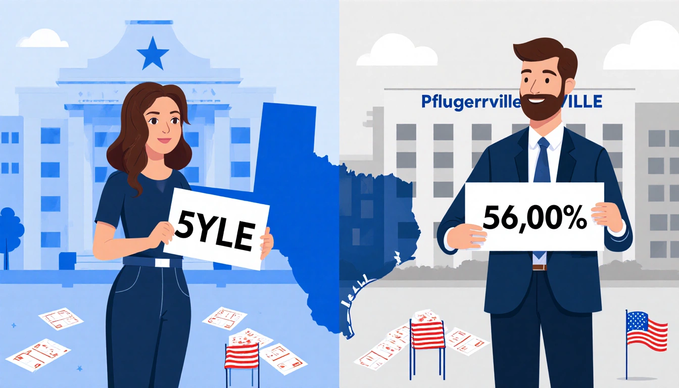 Yvonne Flores-Cale stands before Kyle city hall holding a 50.83% sign with Doug Weiss holding a 56.00% sign near Pflugerville