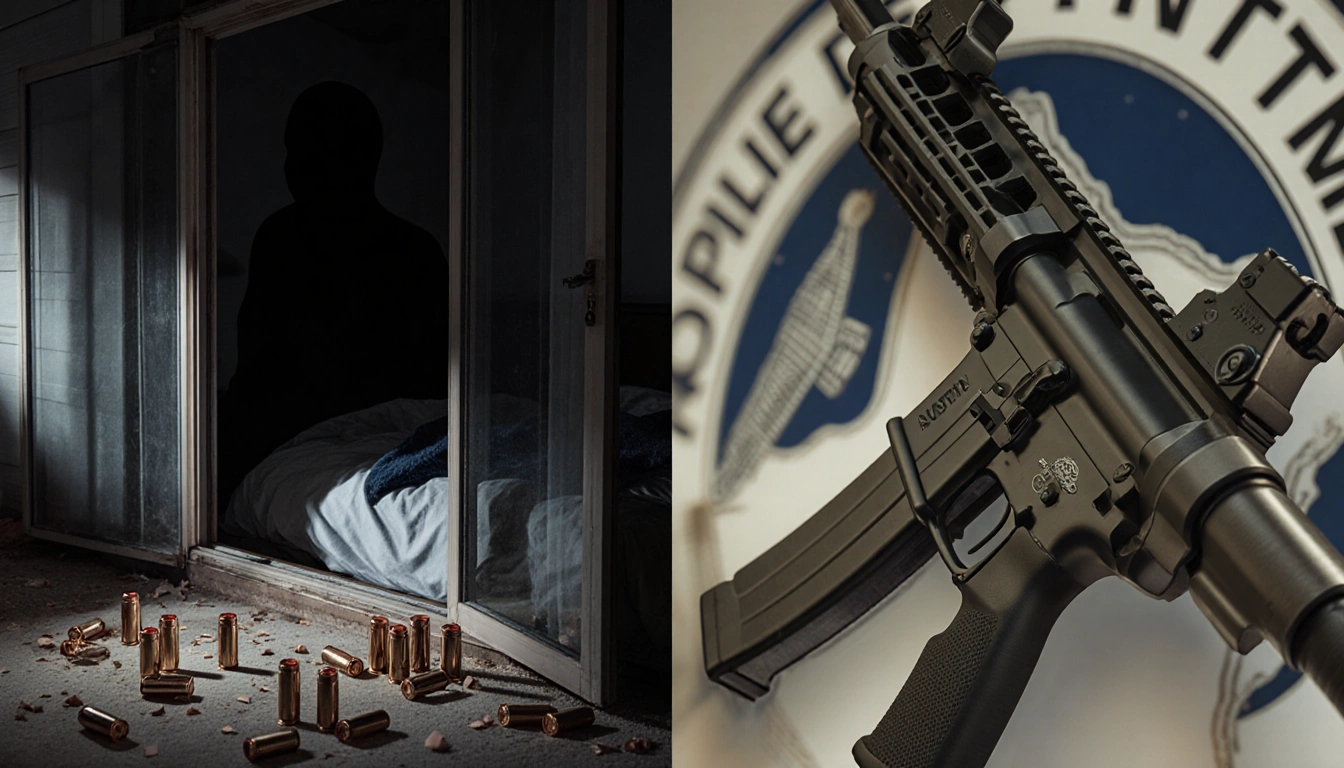 Silhouette sleeping in dim bedroom with scattered bullet casings and AR rifle with blurred Austin Police logo