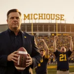 Kyle Whittingham standing proudly with a football and the Big House sign behind him at sunset.