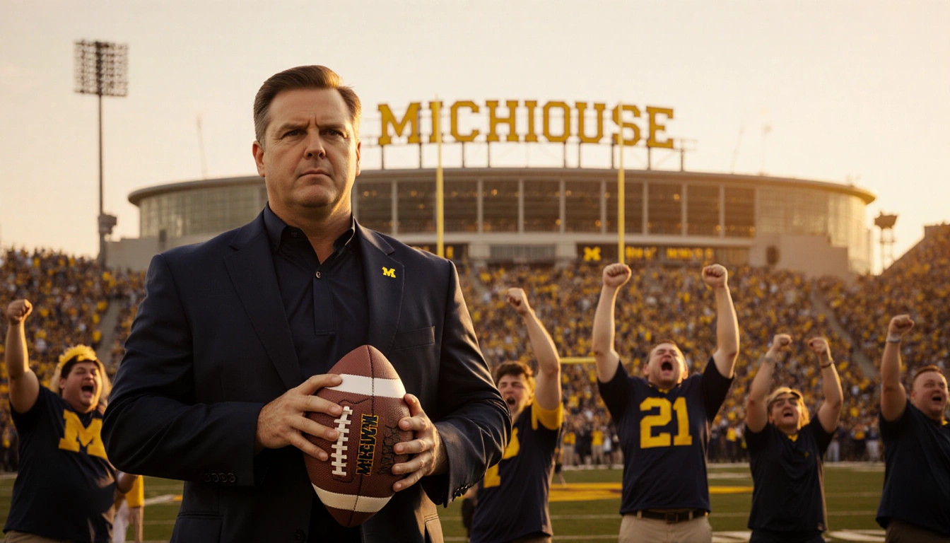 Kyle Whittingham standing proudly with a football and the Big House sign behind him at sunset.