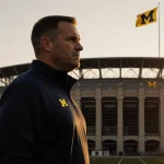 Kyle Whittingham standing confidently with Michigan Stadium backdrop at sunset and Michigan flag above.