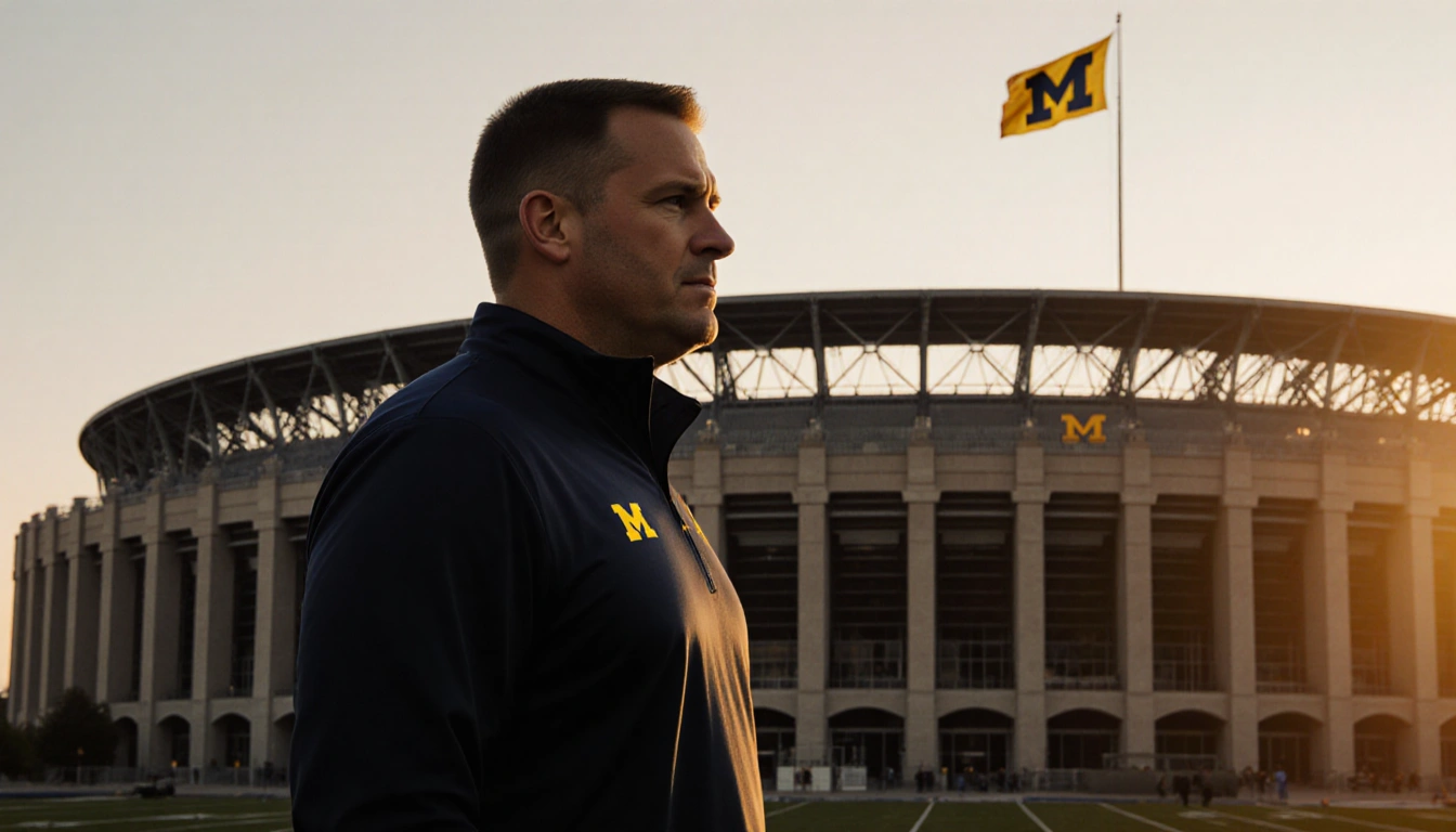 Kyle Whittingham standing confidently with Michigan Stadium backdrop at sunset and Michigan flag above.