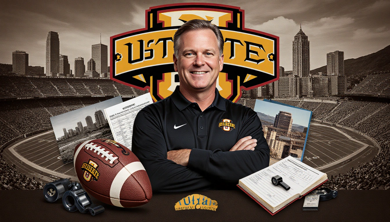 Kyle Whittingham standing proudly in front of Utah State logo with Utah landmarks and football gear in background.
