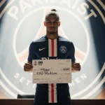 Kylian Mbappé stands triumphantly holding a €60 million check with a Paris Saint‑Germain crest behind and warm light on his f