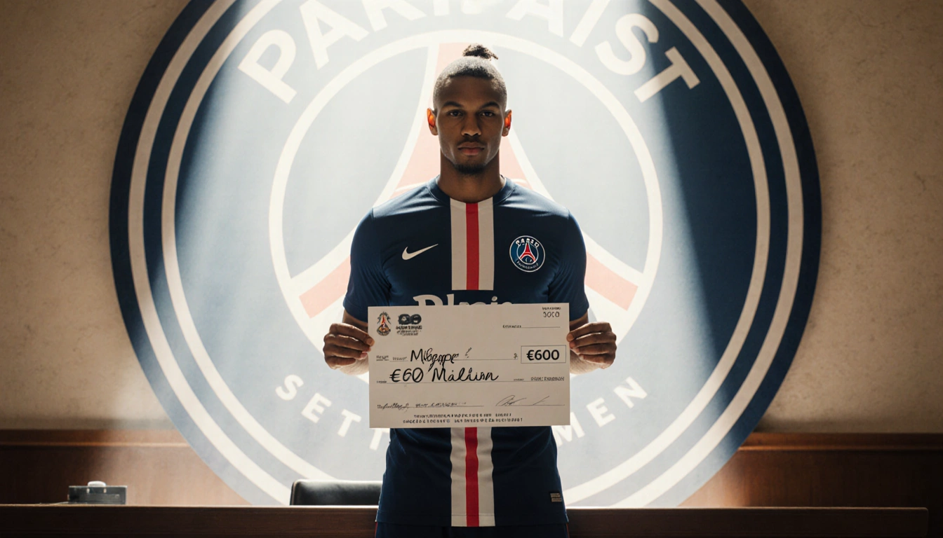 Kylian Mbappé stands triumphantly holding a €60 million check with a Paris Saint‑Germain crest behind and warm light on his f
