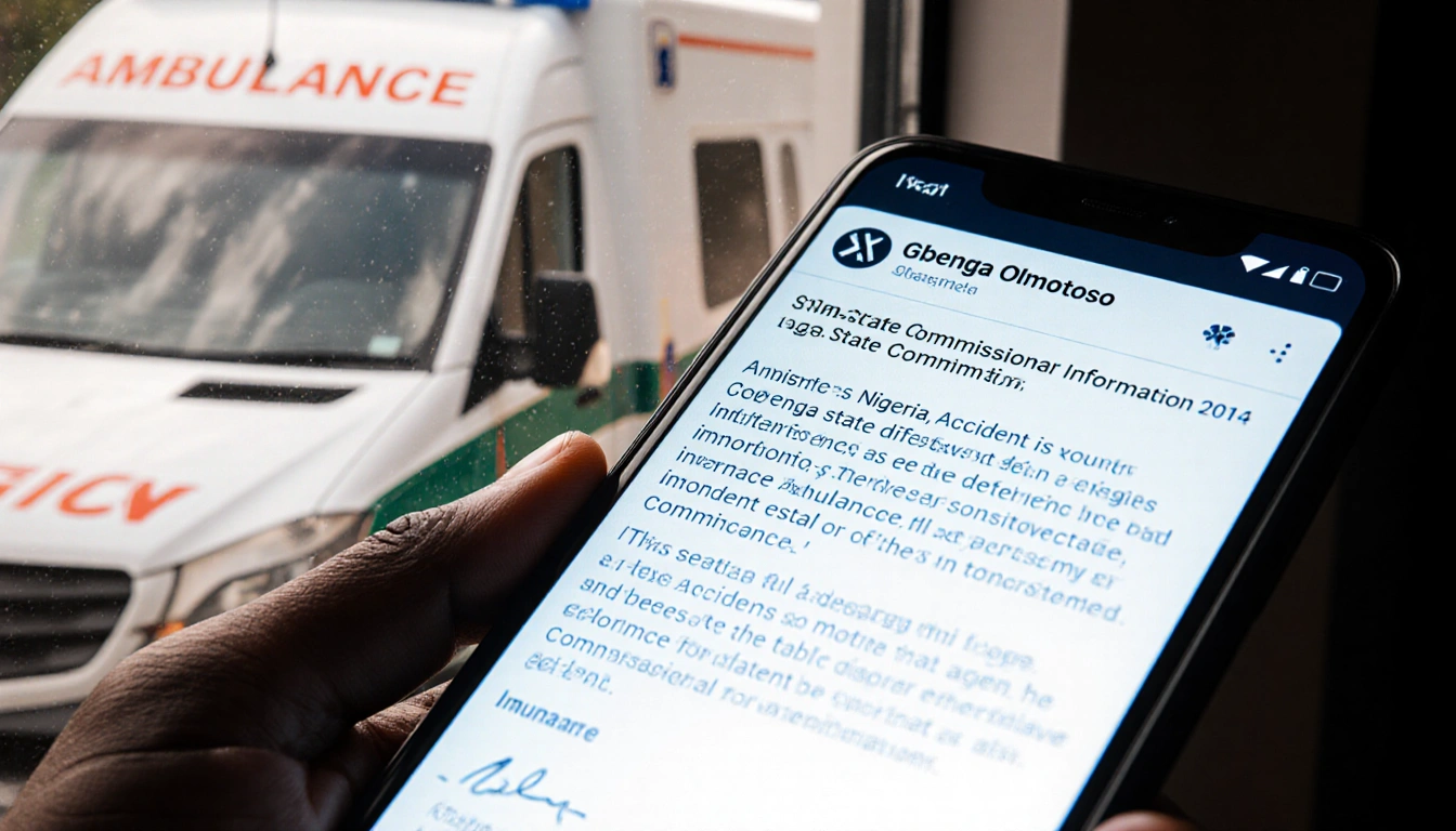Smartphone screen displaying X post with Lagos commissioner Gbenga Omotoso statement car accident ambulance visible window