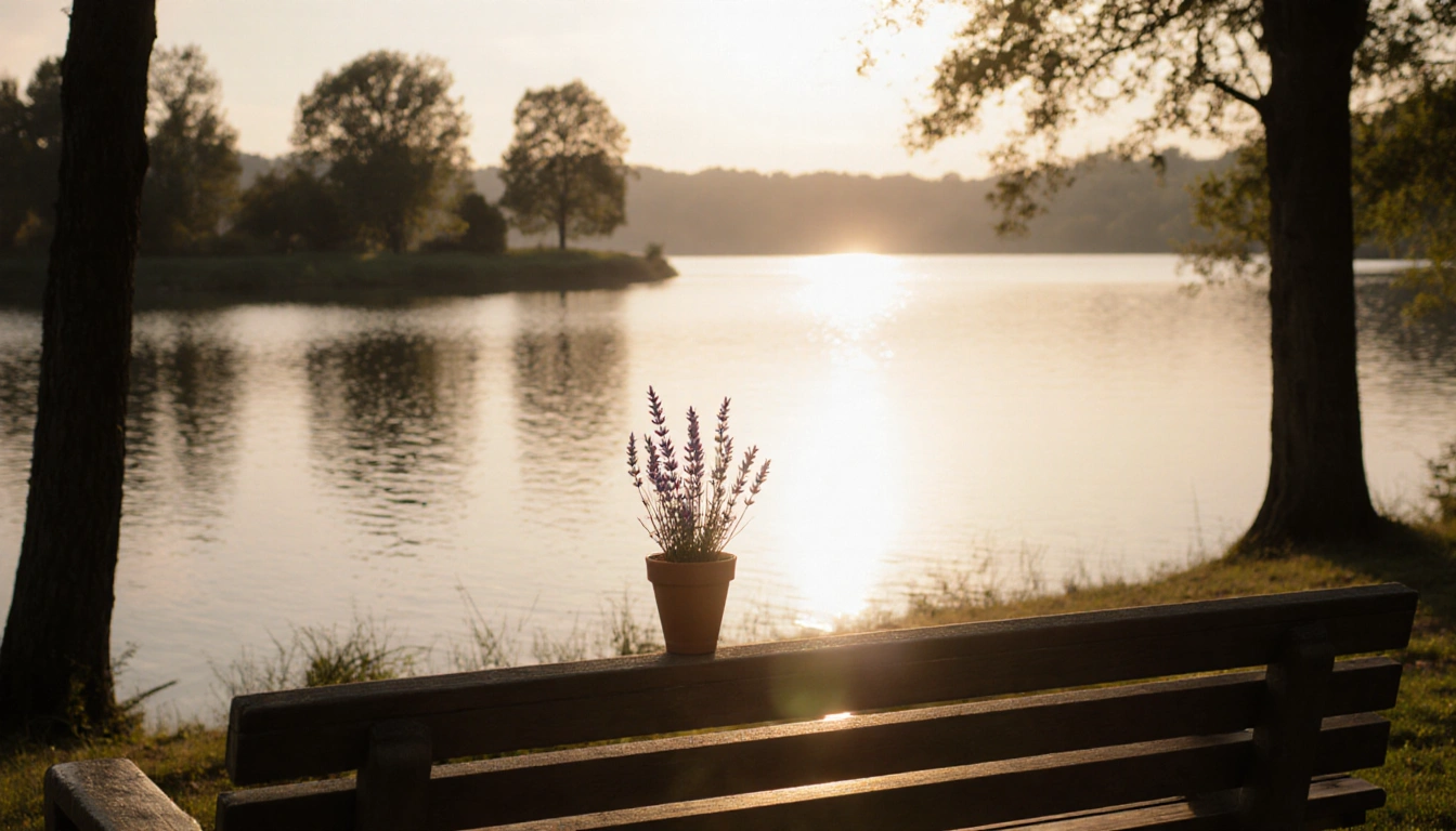 Wooden bench sits with a lavender pot beside a calm lake at dawn