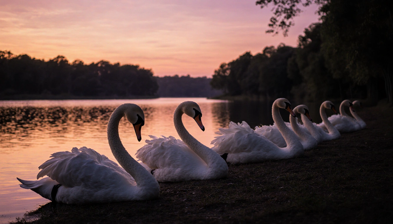 Dead swans lie in a row along the lake shore with wet feathers and a sunset glow while swans stand vigil with trees behind.