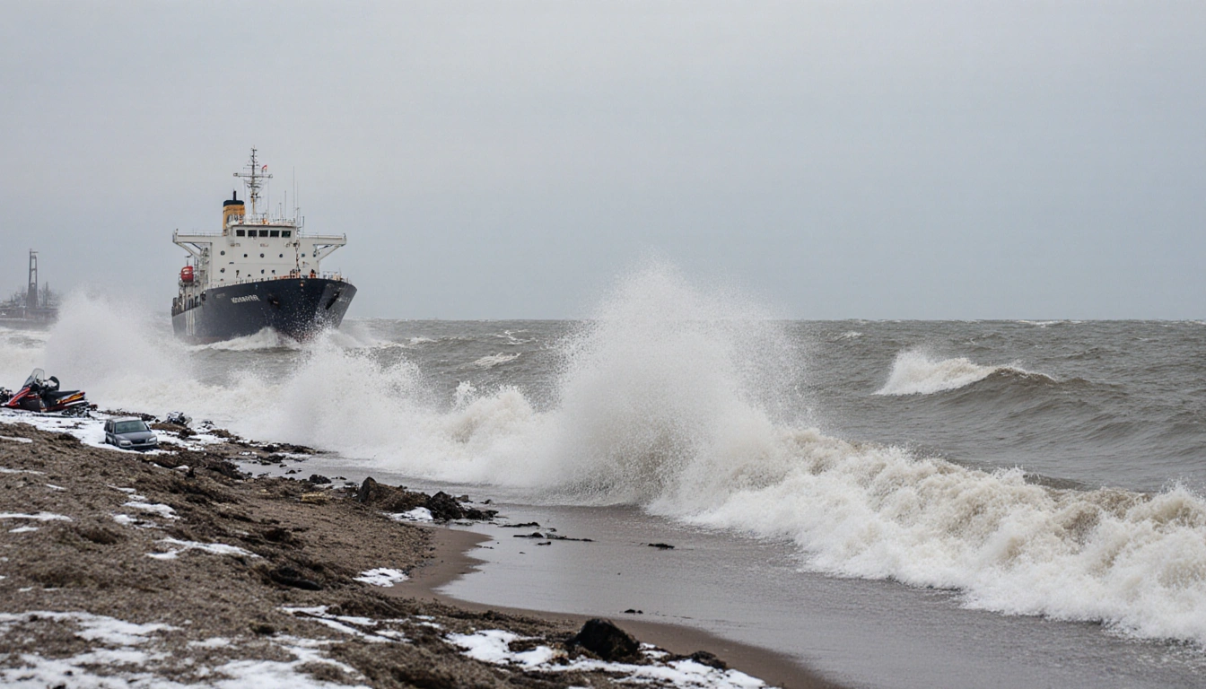 Waves crash on Lake Erie shore with splashing water and a cargo ship hidden in harbor