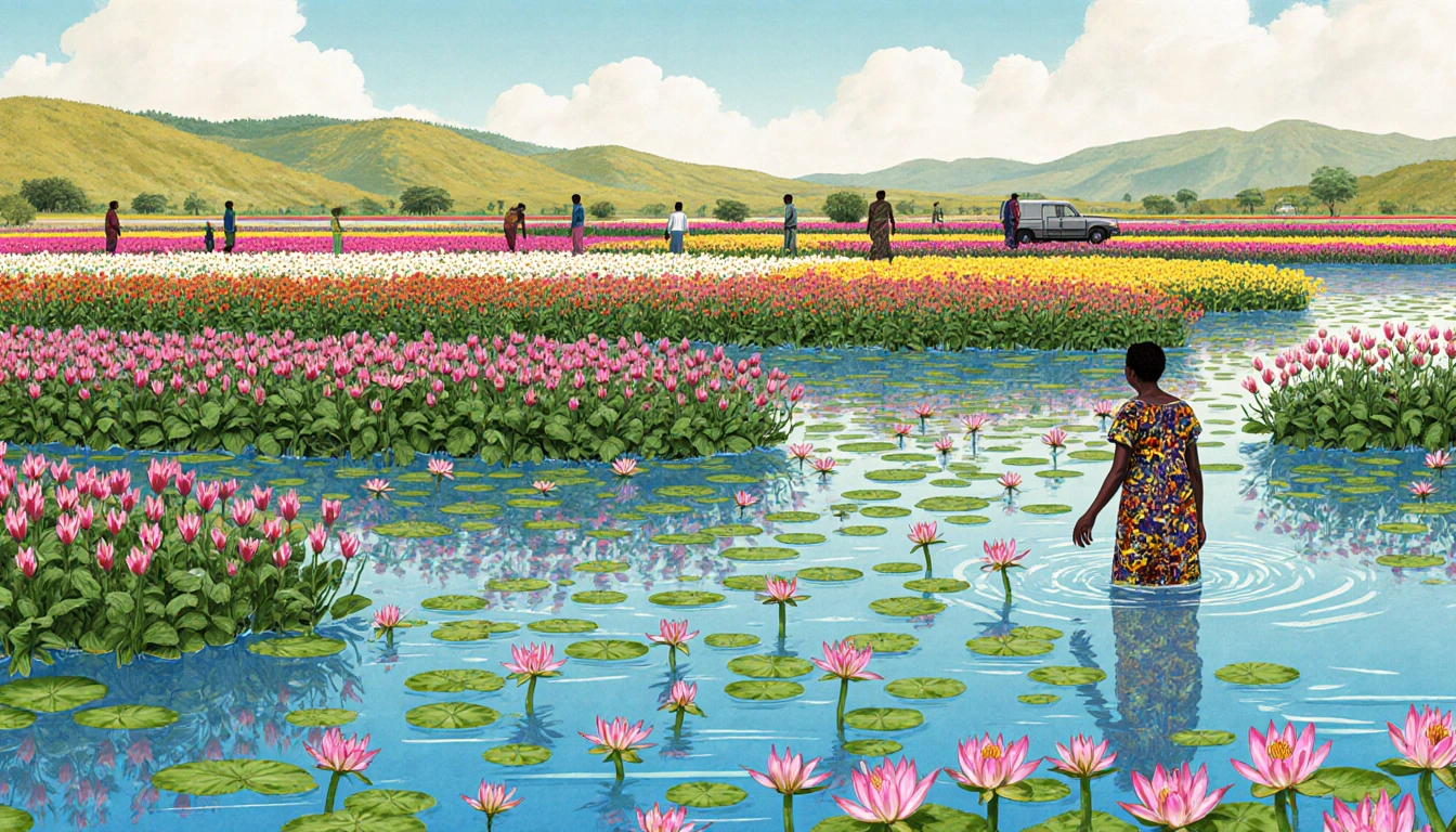 Woman walking away from flooded flower farm with water lilies and a car in Rift Valley