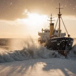 Anchored cargo ship battling snowy waves on Lake Superior shore with golden dusk sky