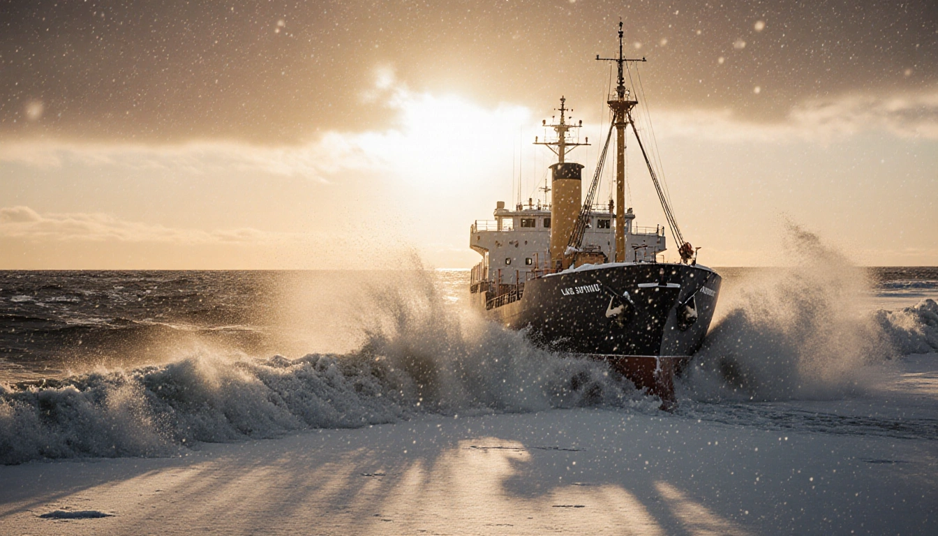 Anchored cargo ship battling snowy waves on Lake Superior shore with golden dusk sky