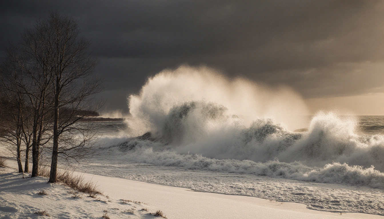 Massive wave crashing onto Lake Superior shore with white foam and dark gray sky and bare trees swaying
